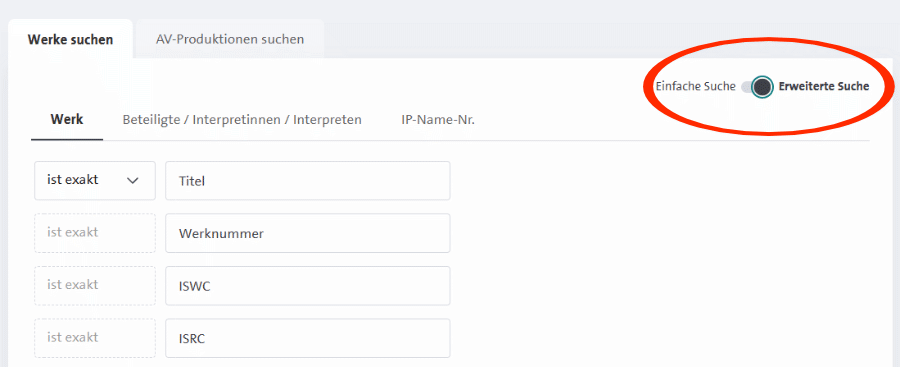 Erweiterte Suche bei der GEMA-Maldung