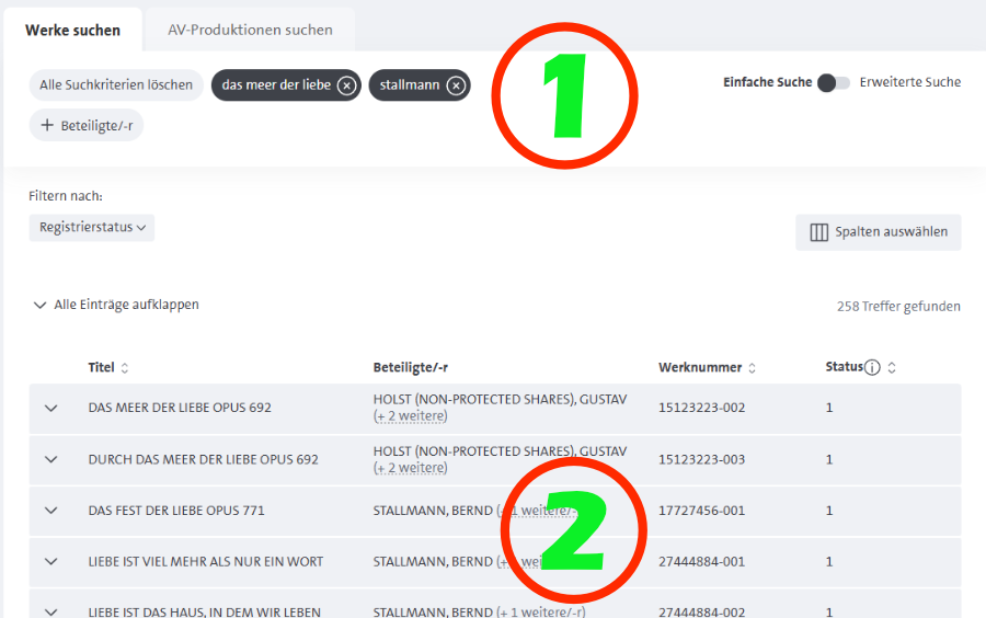 Gema Suche mit Beteiligten